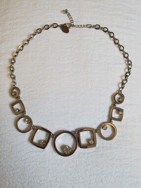 Reversible Necklace Silver-tone Geometric Circle & Squares White Crystal & Black